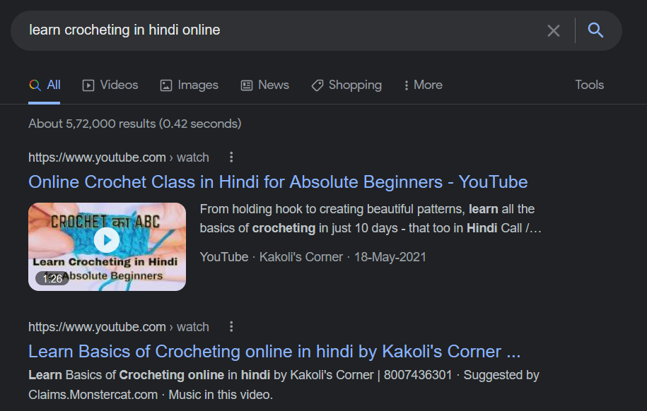 Google search result showing Kakoli's Corner YouTube content ranking